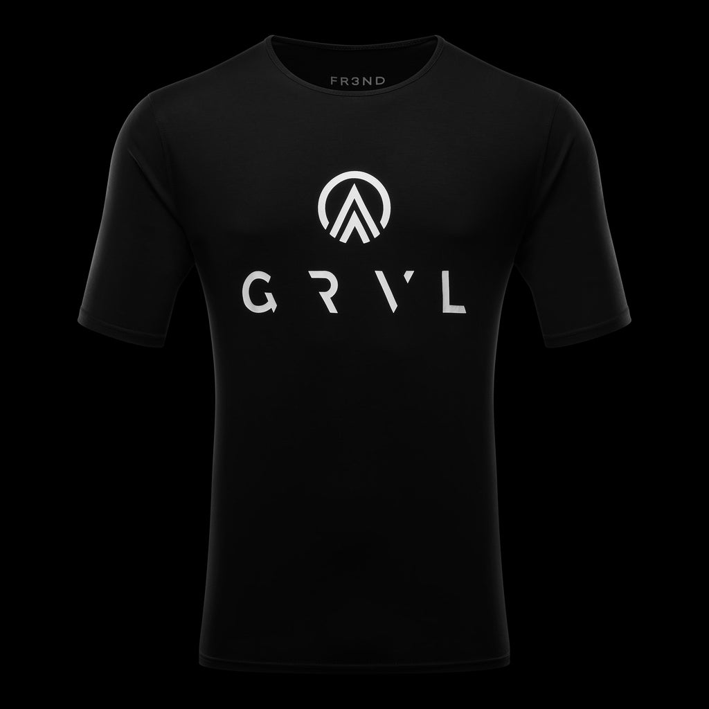 Black cycling t-shirt for gravel cycling using sustainable fabrics by GRVL