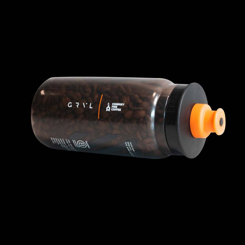 chimney fire coffee for cyclists sold by GRVL in a recycled plastic water bottle