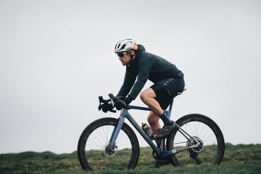 GRVL cycling jacket and bib shorts in Navy.