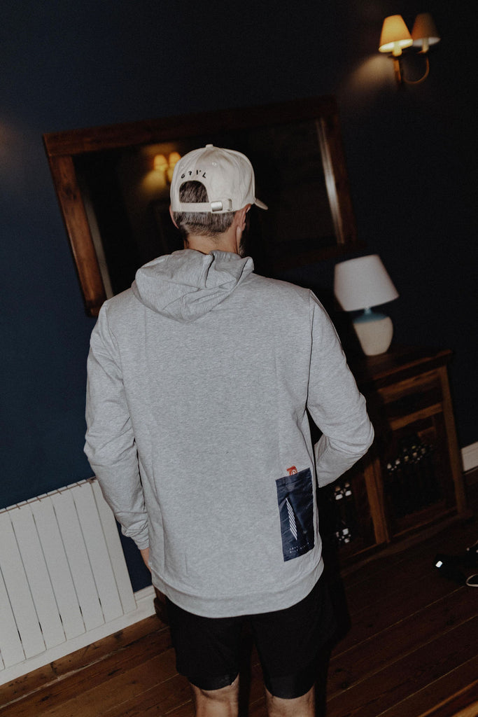 cycling hoodie grey gravel cyclist back| grvl